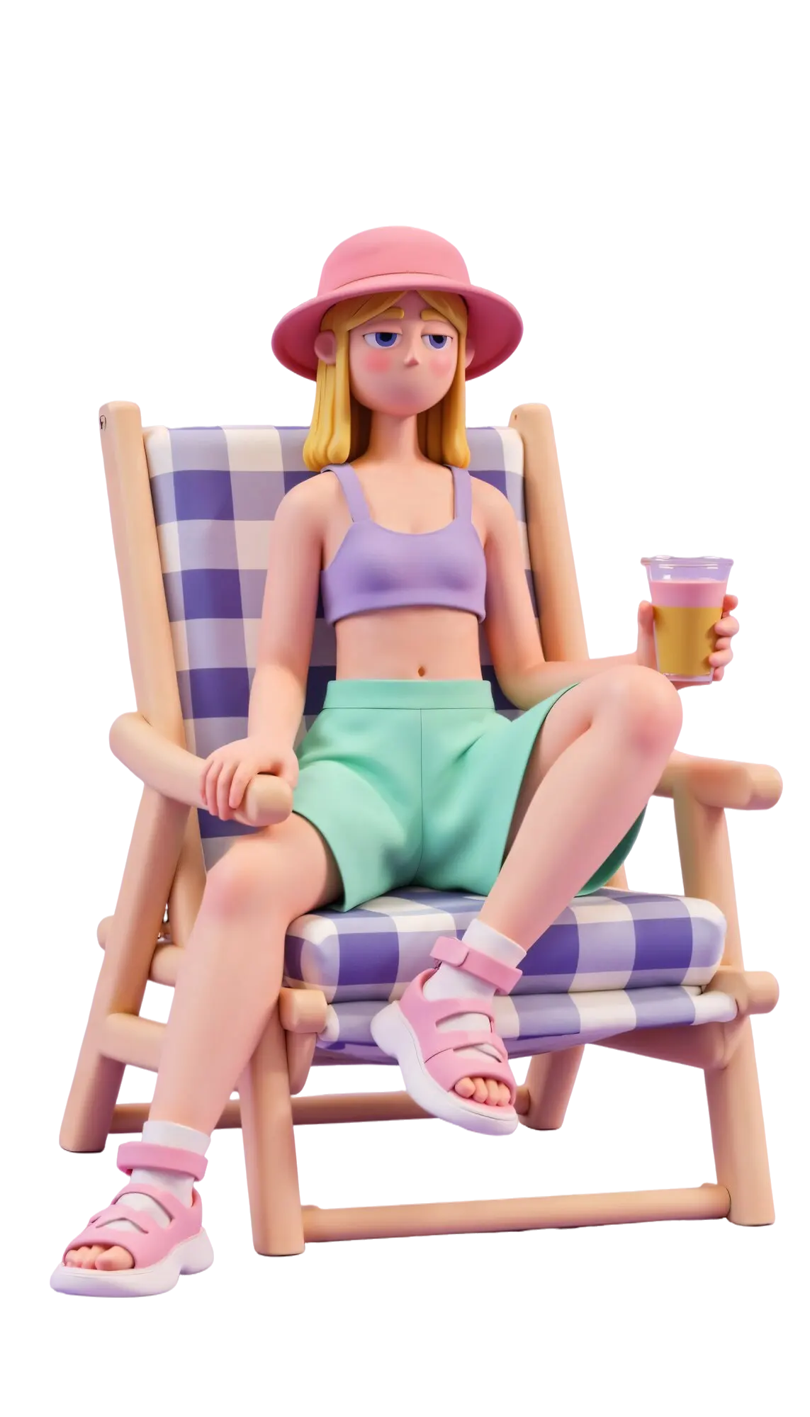 3d cartoon girl relaxing beach chair